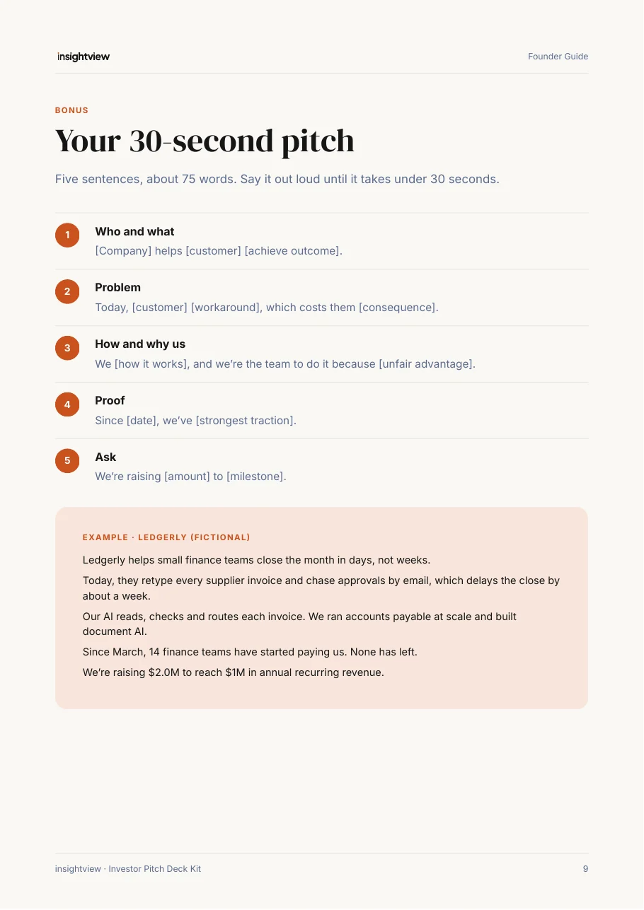 Founder Guide page with the 30-second pitch framework