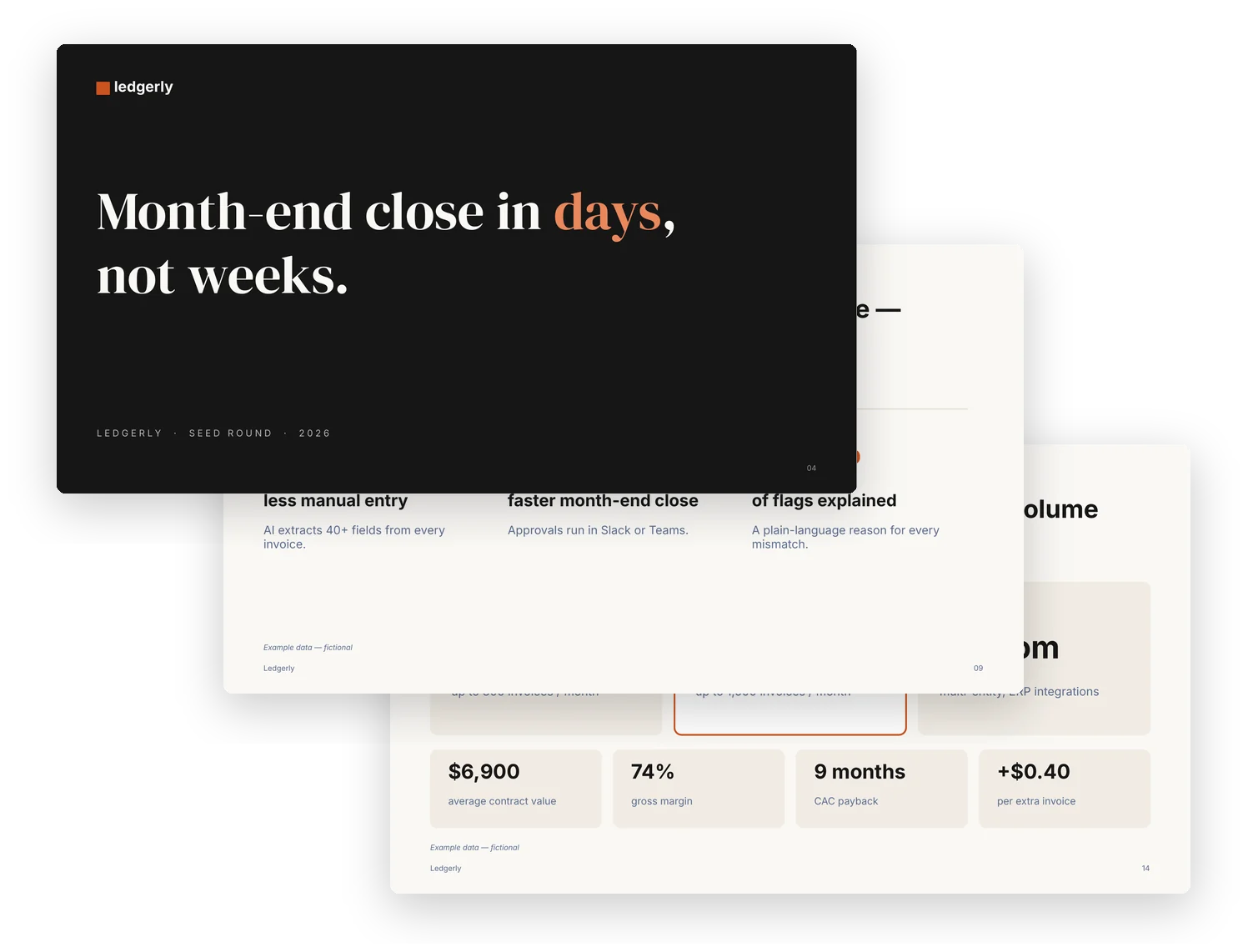 Three slides from the example deck: a dark title slide, a solution slide with three benefits and a pricing slide